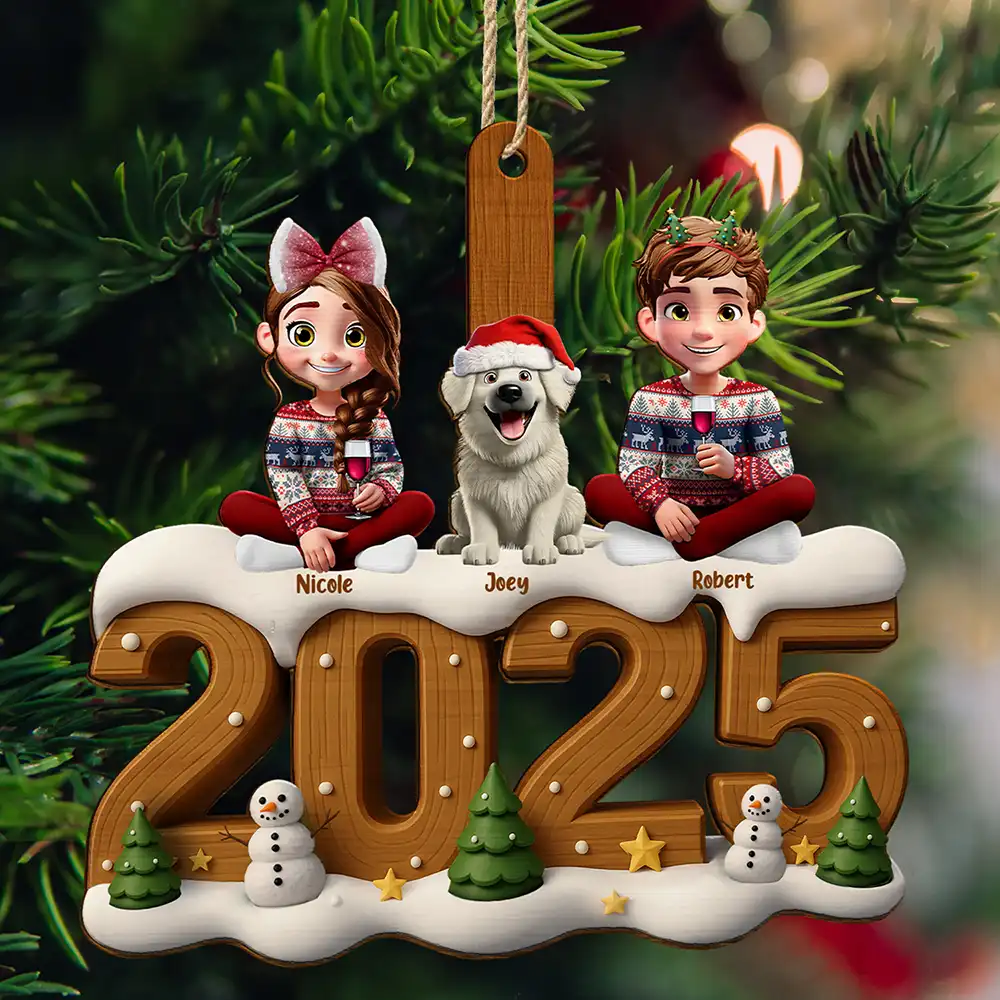 Family,Parents,Gift For Kids,Pet Couple,Cat Couple,Dog Couple,Christmas,Top Market,Happy - 3D Effect Christmas Family And Dog Cat - Personalized Custom Shaped Wooden Ornament