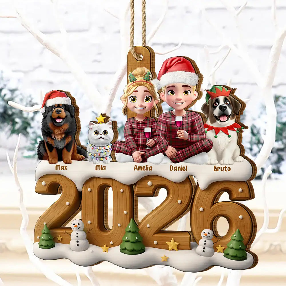 3D Effect Christmas Family And Dog Cat - Personalized Custom Shaped Wooden Ornament