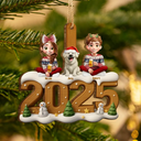 Family,Parents,Gift For Kids,Pet Couple,Cat Couple,Dog Couple,Christmas,Top Market,Happy - 3D Effect Christmas Family And Dog Cat - Personalized Custom Shaped Wooden Ornament