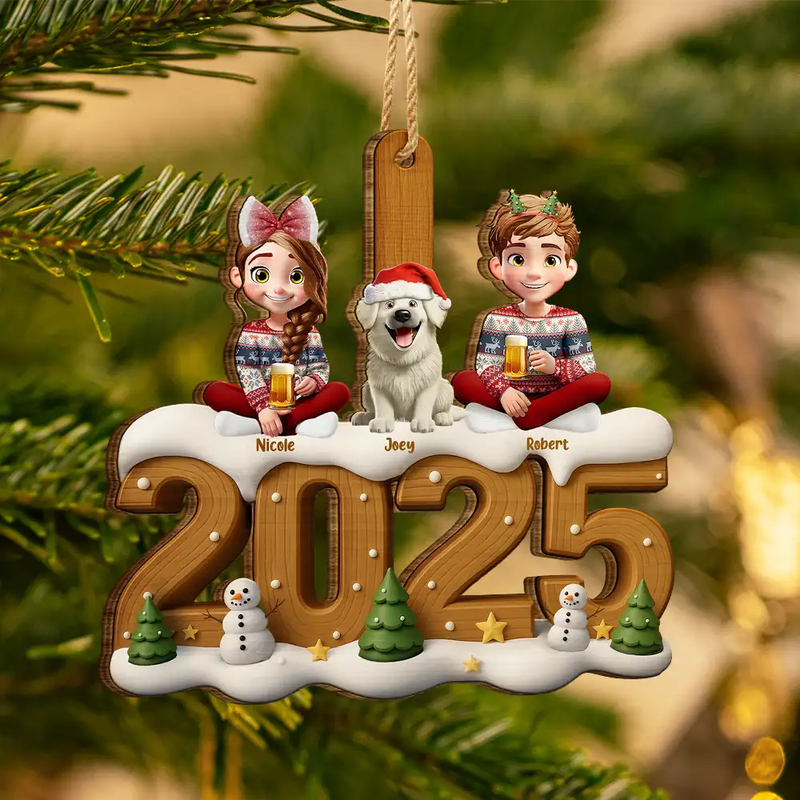 Family,Parents,Gift For Kids,Pet Couple,Cat Couple,Dog Couple,Christmas,Top Market,Happy - 3D Effect Christmas Family And Dog Cat - Personalized Custom Shaped Wooden Ornament