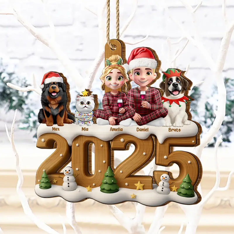 Family,Parents,Gift For Kids,Pet Couple,Cat Couple,Dog Couple,Christmas,Top Market,Happy - 3D Effect Christmas Family And Dog Cat - Personalized Custom Shaped Wooden Ornament