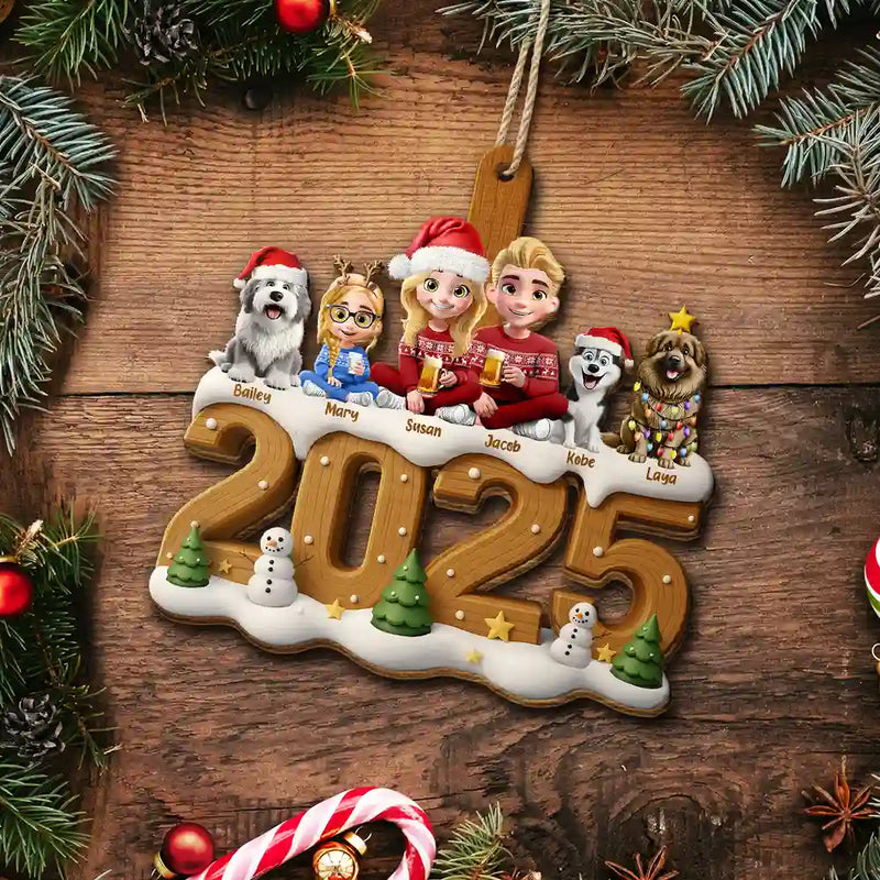 Family,Parents,Gift For Kids,Pet Couple,Cat Couple,Dog Couple,Christmas,Top Market,Happy - 3D Effect Christmas Family And Dog Cat - Personalized Custom Shaped Wooden Ornament