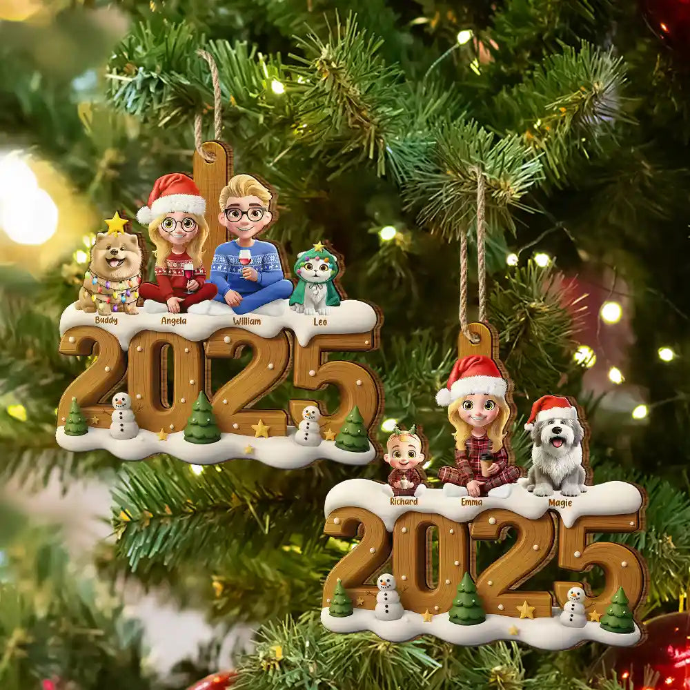 Family,Parents,Gift For Kids,Pet Couple,Cat Couple,Dog Couple,Christmas,Top Market,Happy - 3D Effect Christmas Family And Dog Cat - Personalized Custom Shaped Wooden Ornament