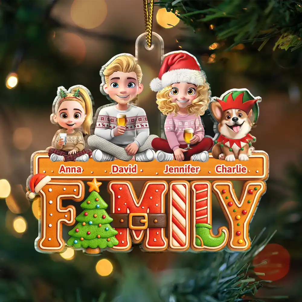 Family,Parents,Gift For Kids,Pet Lovers,Dog Lovers,Cat Lovers,Happy,Christmas - 3D Effect Christmas Family Cookie - Personalized Custom Shaped Acrylic Ornament