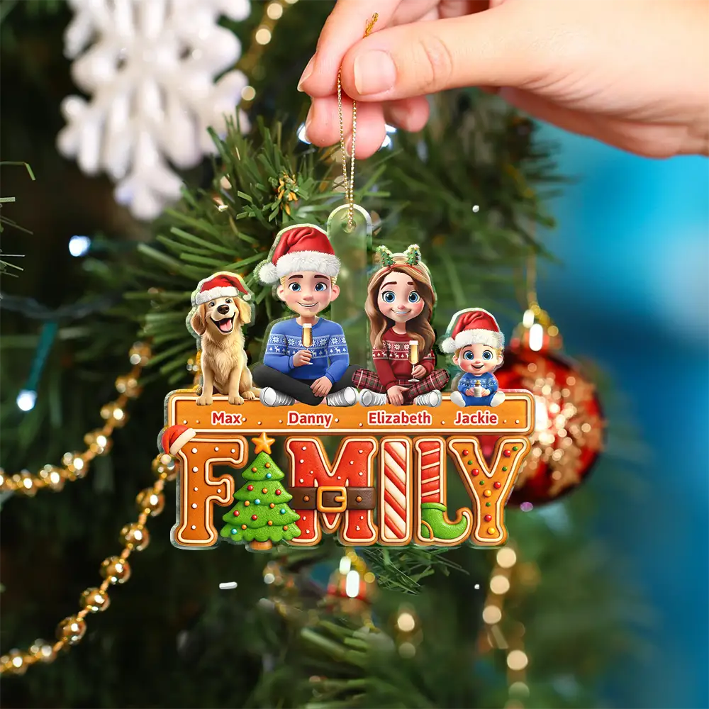 Family,Parents,Gift For Kids,Pet Lovers,Dog Lovers,Cat Lovers,Happy,Christmas - 3D Effect Christmas Family Cookie - Personalized Custom Shaped Acrylic Ornament