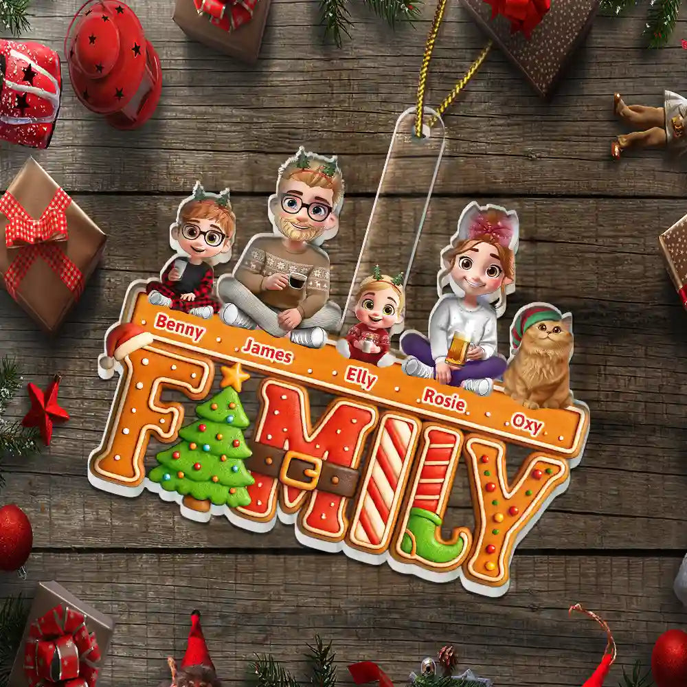 Family,Parents,Gift For Kids,Pet Lovers,Dog Lovers,Cat Lovers,Happy,Christmas - 3D Effect Christmas Family Cookie - Personalized Custom Shaped Acrylic Ornament