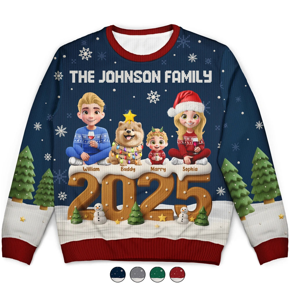 3D Effect Christmas Sitting Family - Personalized Unisex Ugly Sweater