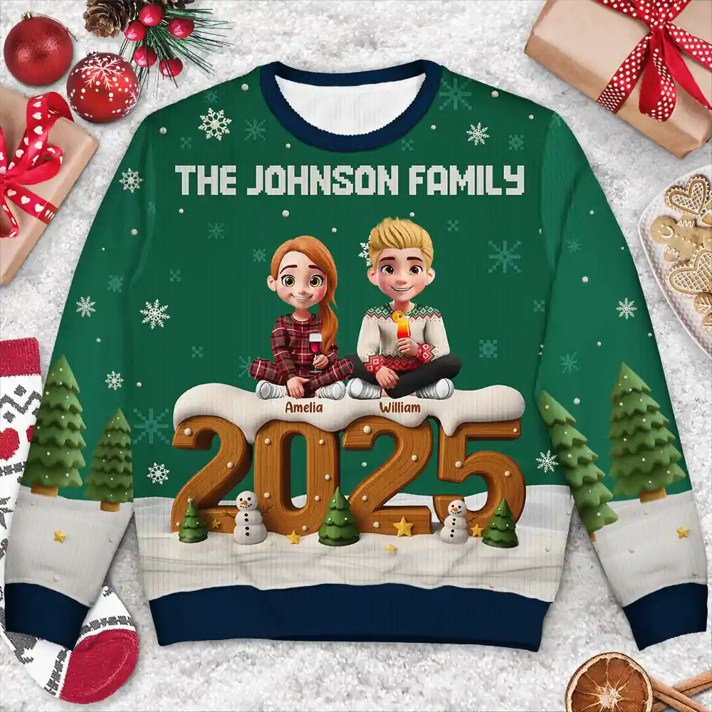 Family,Gift For Grandparents,Parents,Gift For Kids,Happy,Christmas,Non-Eng - 3D Effect Christmas Sitting Family - Personalized Unisex Ugly Sweater