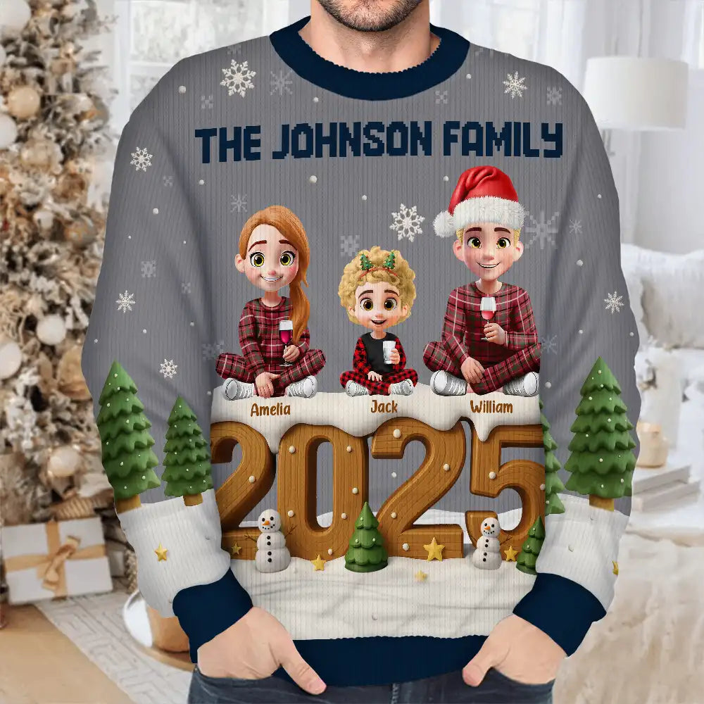 Family,Gift For Grandparents,Parents,Gift For Kids,Happy,Christmas,Non-Eng - 3D Effect Christmas Sitting Family - Personalized Unisex Ugly Sweater