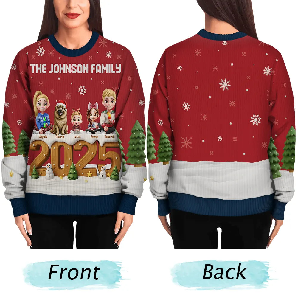 Family,Gift For Grandparents,Parents,Gift For Kids,Happy,Christmas,Non-Eng - 3D Effect Christmas Sitting Family - Personalized Unisex Ugly Sweater