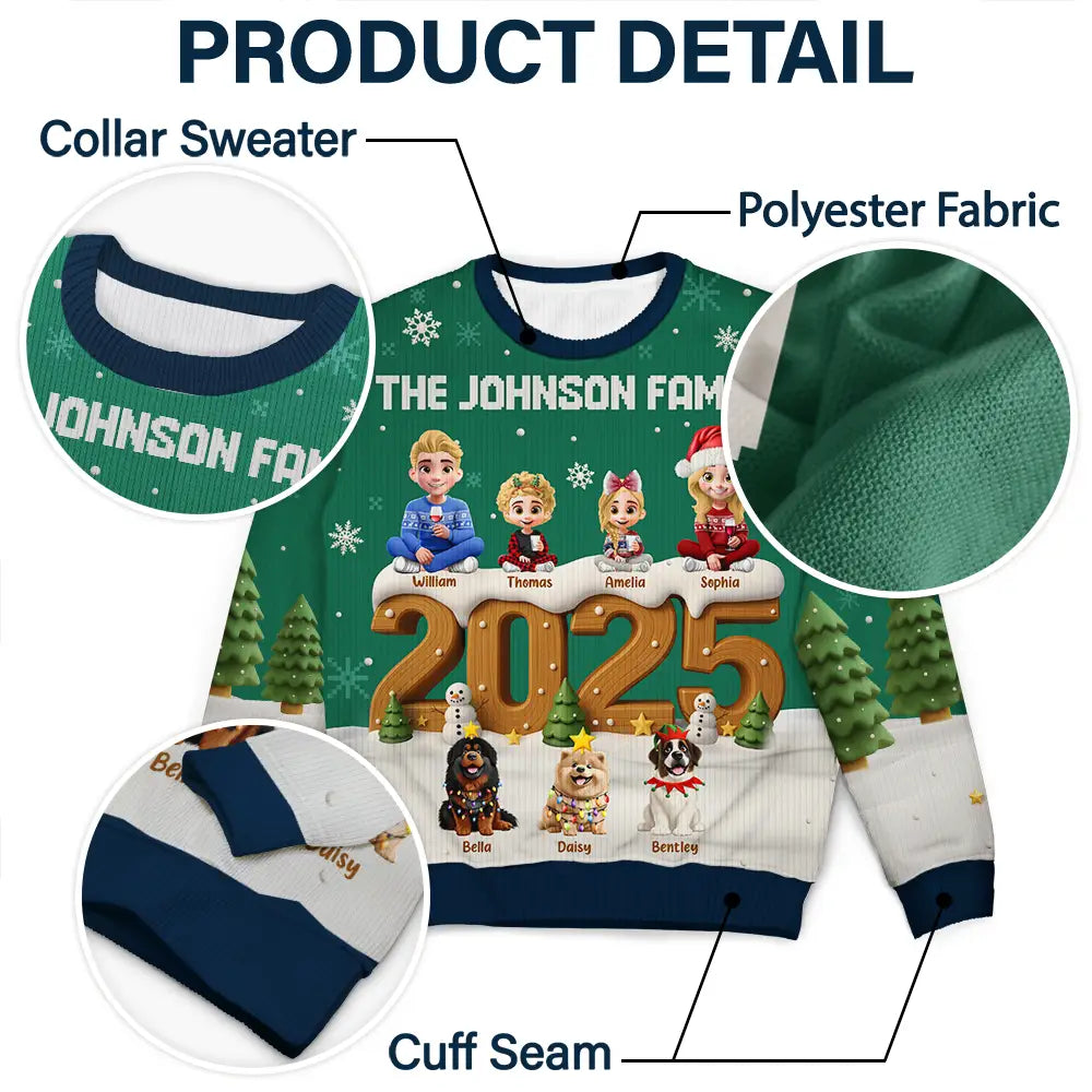 Family,Gift For Grandparents,Parents,Gift For Kids,Happy,Christmas,Non-Eng - 3D Effect Christmas Sitting Family - Personalized Unisex Ugly Sweater