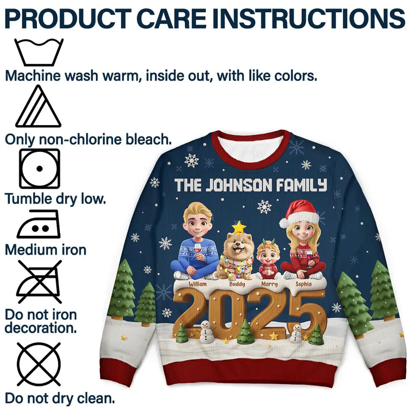 Family,Gift For Grandparents,Parents,Gift For Kids,Happy,Christmas,Non-Eng - 3D Effect Christmas Sitting Family - Personalized Unisex Ugly Sweater