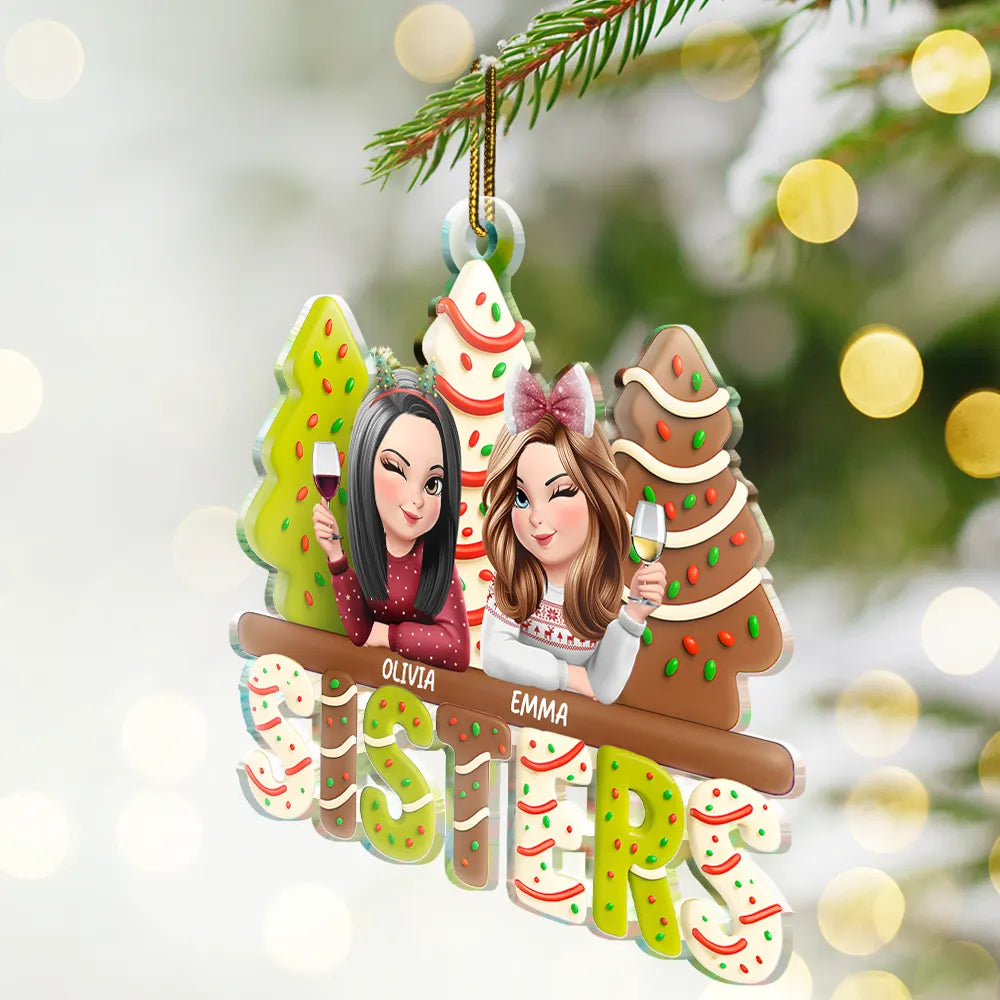 Gift For Bestie, Gift For Sisters, Christmas, Happy - 3D Effect Christmas Tree Cake Besties Sisters - Personalized Custom Shaped Acrylic Ornamenta
