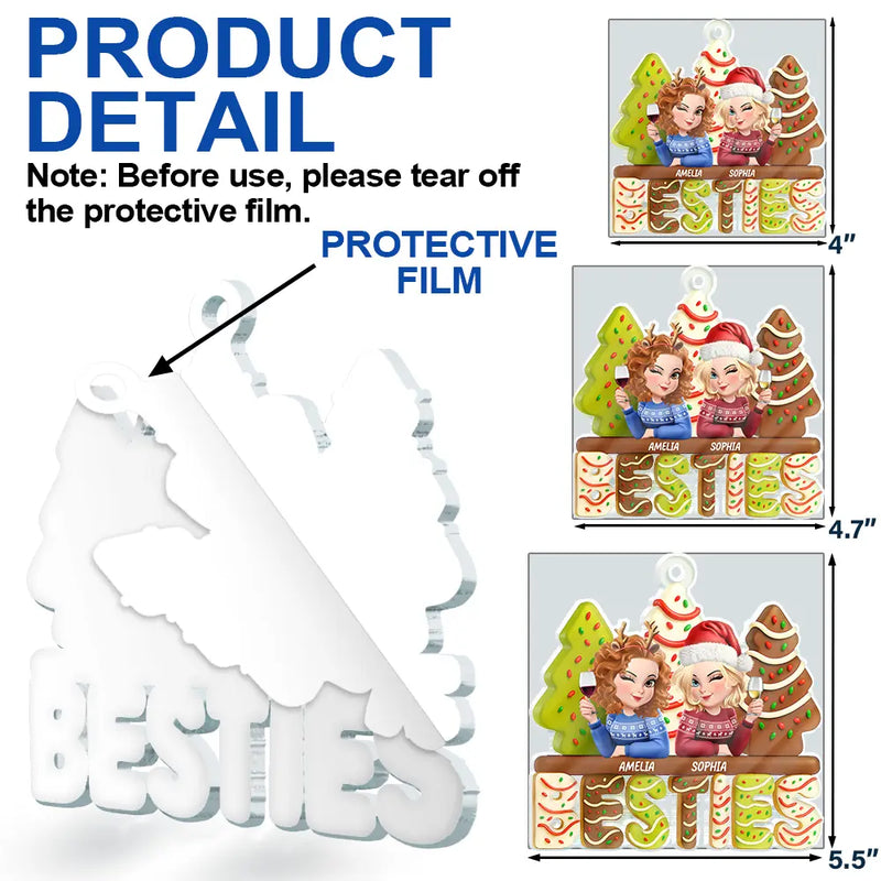 Gift For Bestie, Gift For Sisters, Christmas, Happy - 3D Effect Christmas Tree Cake Besties Sisters - Personalized Custom Shaped Acrylic Ornamenta