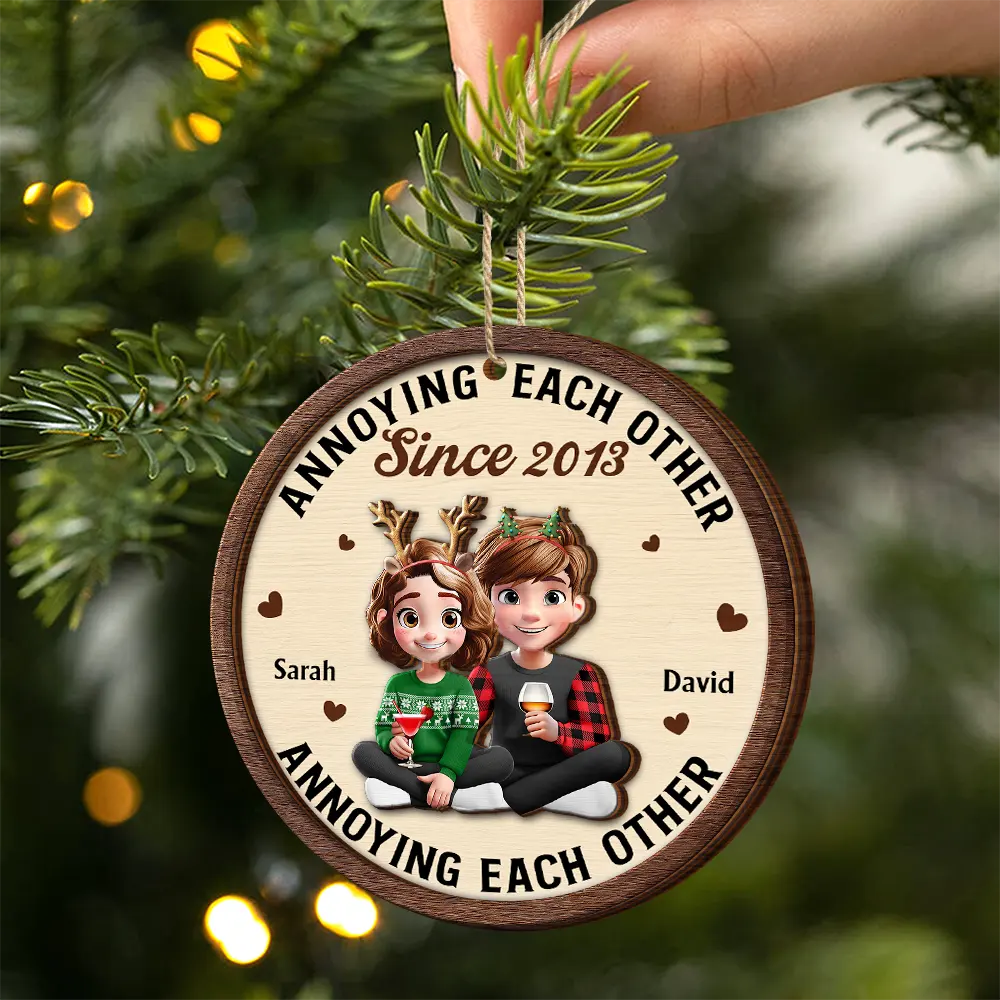 Gift For Husband, Gift For Wife, Gift For Boyfriend, Gift For Girlfriend, Love, Gift For Couples, Christmas - 3D Effect Couple Annoying Each Other - Personalized 2-Layered Wooden Ornament