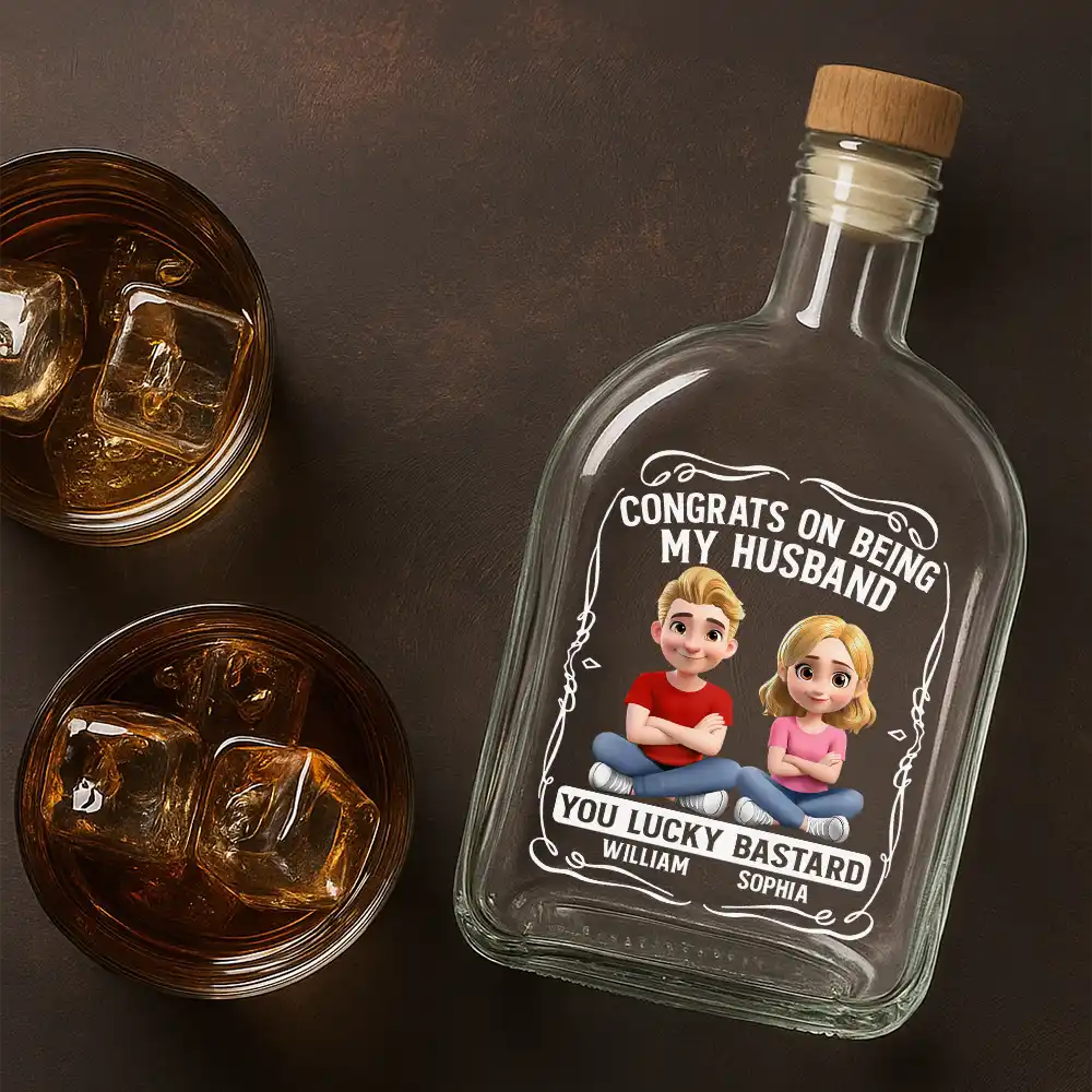 Gift For Couples,Gift For Husband,Gift For Wife,Gift For Boyfriend,Gift For Girlfriend,Old Couples,Love - 3D Effect Couple Congrats On Being My Husband You Lucky Man - Personalized Whiskey Bottle