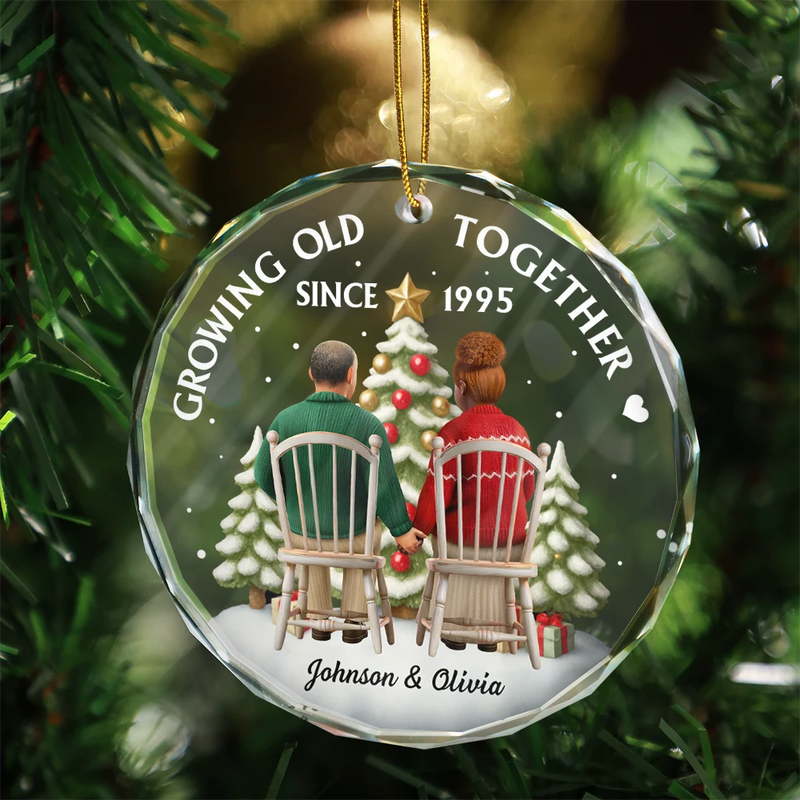 Gift For Couples, Old Couples, Gift For Husband, Gift For Wife, Love, Christmas - 3D Effect Couple Growing Old Together - Personalized Circle Glass Ornament