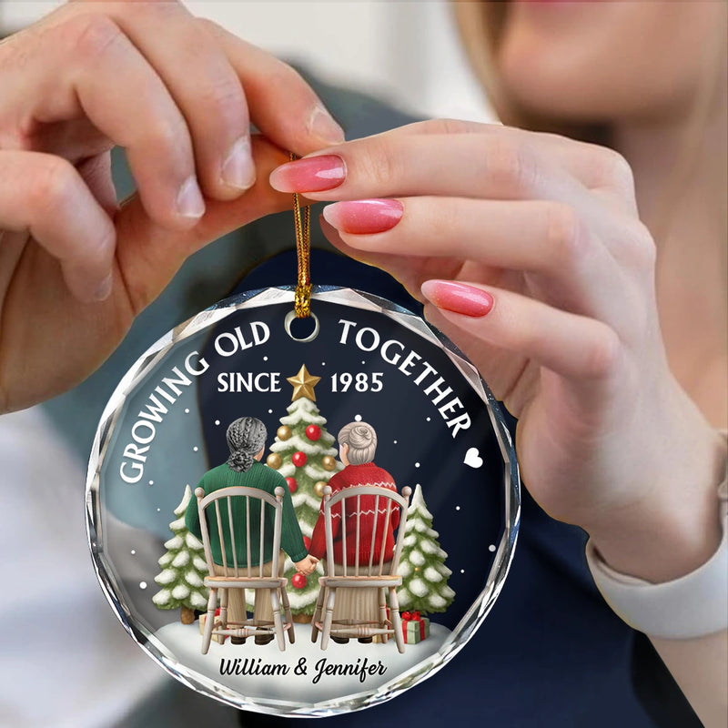 Gift For Couples, Old Couples, Gift For Husband, Gift For Wife, Love, Christmas - 3D Effect Couple Growing Old Together - Personalized Circle Glass Ornament