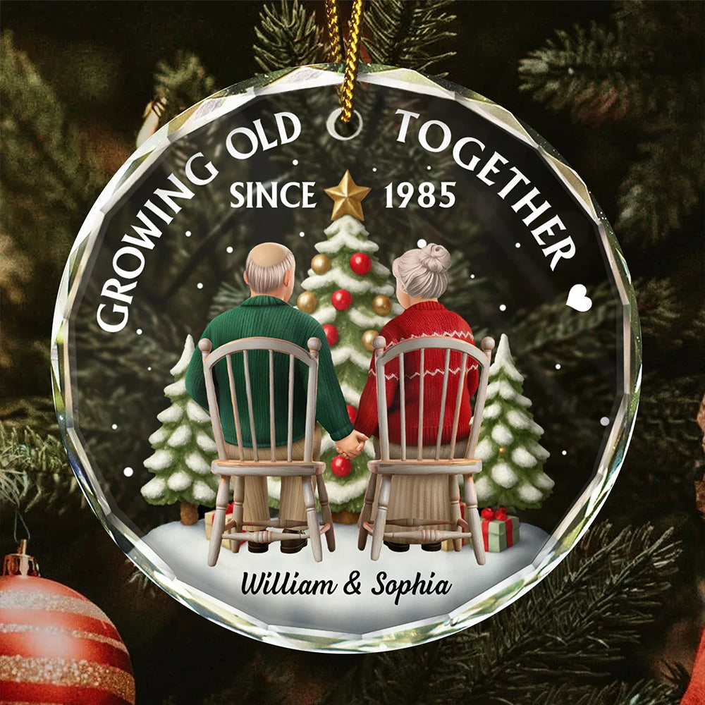 Gift For Couples, Old Couples, Gift For Husband, Gift For Wife, Love, Christmas - 3D Effect Couple Growing Old Together - Personalized Circle Glass Ornament