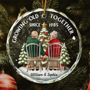 Gift For Couples, Old Couples, Gift For Husband, Gift For Wife, Love, Christmas - 3D Effect Couple Growing Old Together - Personalized Circle Glass Ornament