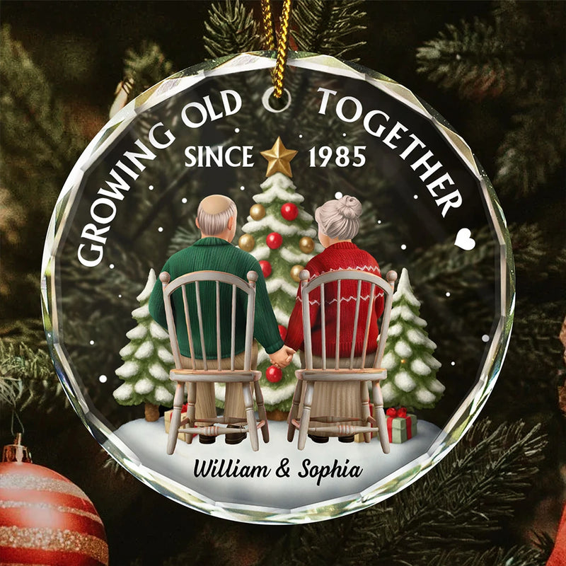 Gift For Couples, Old Couples, Gift For Husband, Gift For Wife, Love, Christmas - 3D Effect Couple Growing Old Together - Personalized Circle Glass Ornament