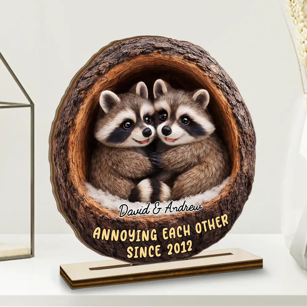 Gift For Couples,Gift For Women,Gift For Men,Gift For Boyfriend,Gift For Girlfriend,Gift For Wife,Gift For Husband,Funny,Love - 3D Effect Couple Raccoon Annoying Each Other - Personalized Custom Shaped 2-Layered Wooden Plaque