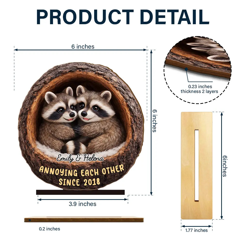 Gift For Couples,Gift For Women,Gift For Men,Gift For Boyfriend,Gift For Girlfriend,Gift For Wife,Gift For Husband,Funny,Love - 3D Effect Couple Raccoon Annoying Each Other - Personalized Custom Shaped 2-Layered Wooden Plaque