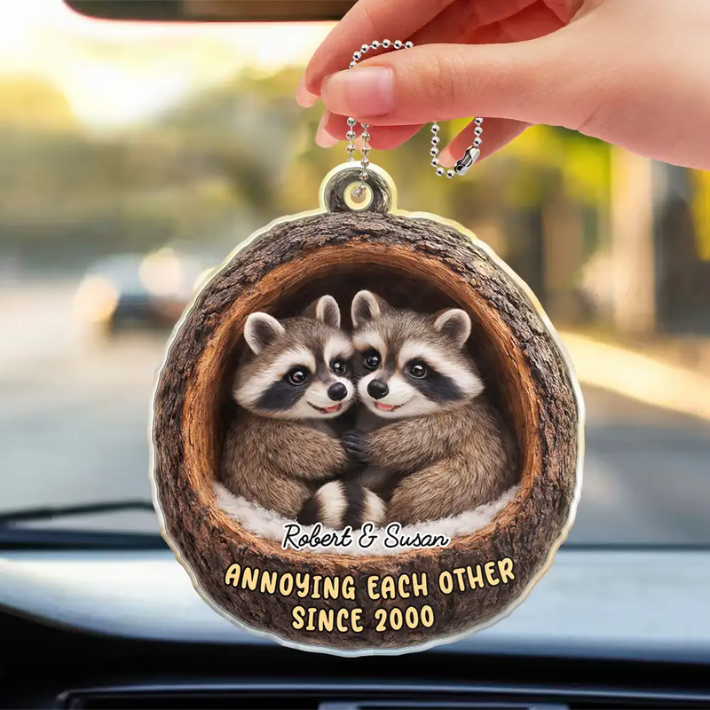 Gift For Couples,Gift For Women,Gift For Men,Gift For Boyfriend,Gift For Girlfriend,Gift For Wife,Gift For Husband,Funny,Love - 3D Effect Couple Raccoon Annoying Each Other - Personalized Acrylic Car Hanger