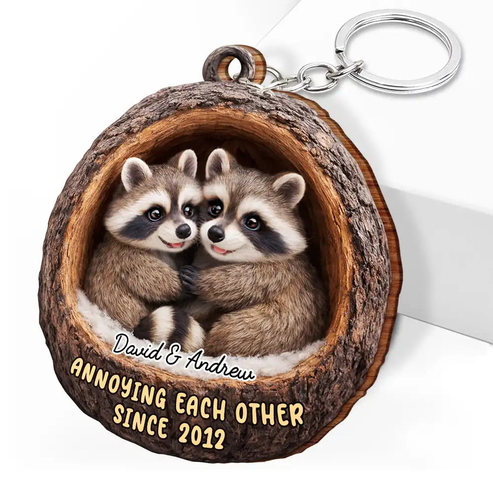 Gift For Couples,Gift For Women,Gift For Men,Gift For Boyfriend,Gift For Girlfriend,Gift For Wife,Gift For Husband,Funny,Love - 3D Effect Couple Raccoon Annoying Each Other - Personalized Wooden Keychain