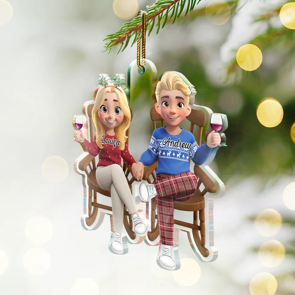 Love,Christmas,Gift For Wife,Gift For Husband,Gift For Couples - 3D Effect Couple Sitting And Holding Hand - Personalized Custom Shaped Acrylic Ornament