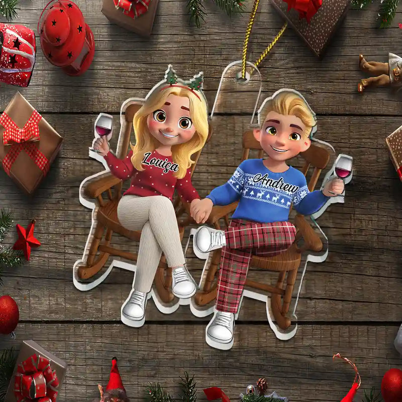 Love,Christmas,Gift For Wife,Gift For Husband,Gift For Couples - 3D Effect Couple Sitting And Holding Hand - Personalized Custom Shaped Acrylic Ornament