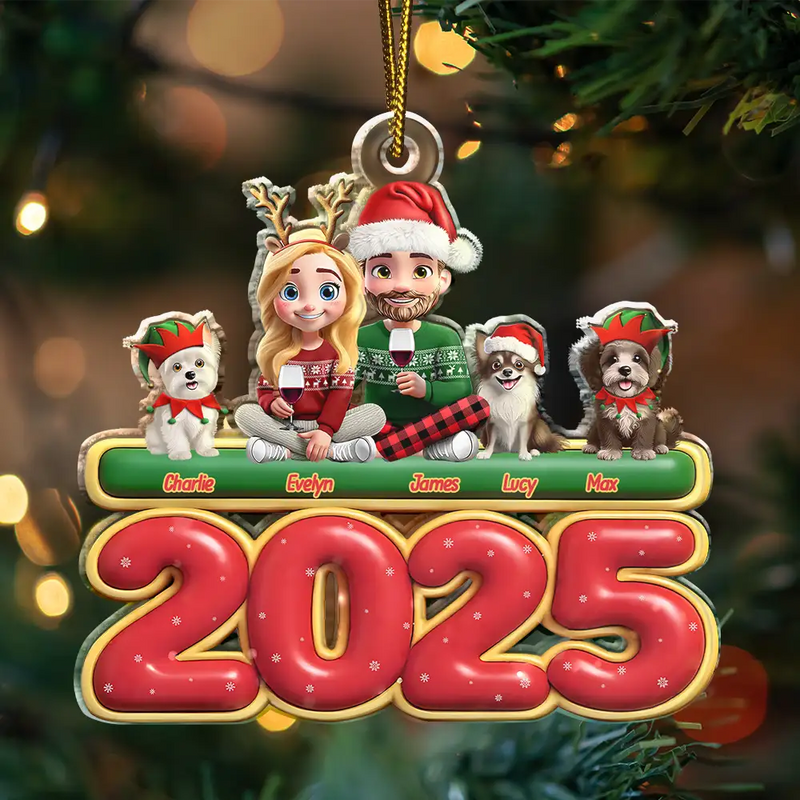 Gift For Couples, Dog Couple, Dog Lovers, Christmas, Happy - 3D Effect Couple Sitting With Dogs - Personalized Custom Shaped Acrylic Ornament