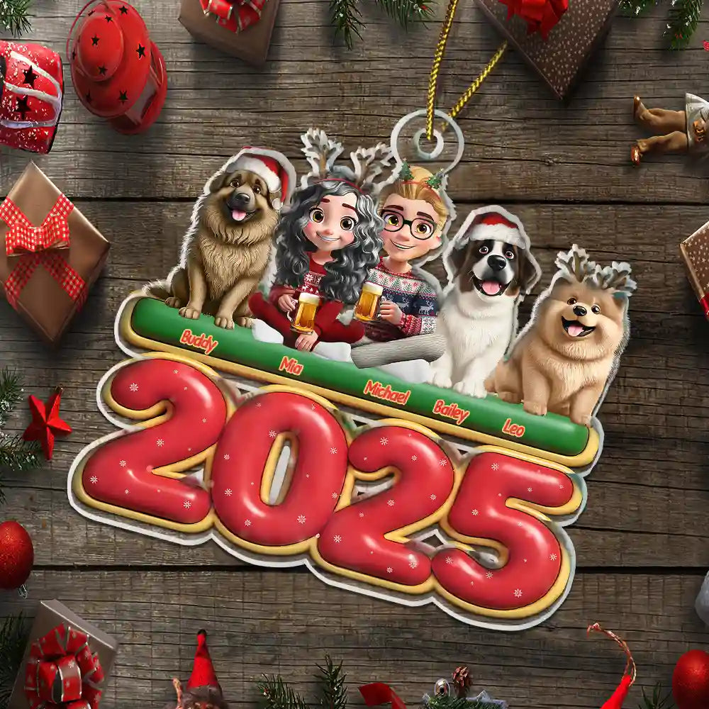 Gift For Couples, Dog Couple, Dog Lovers, Christmas, Happy - 3D Effect Couple Sitting With Dogs - Personalized Custom Shaped Acrylic Ornament
