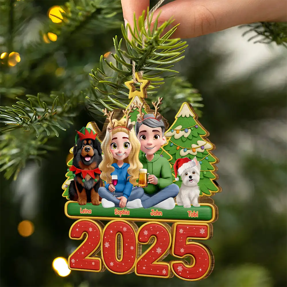 Christmas,Gift For Couples,Dog Couple,Happy,Dog Lovers - 3D Effect Couple Sitting With Dogs - Personalized Custom Shaped Wooden Ornament