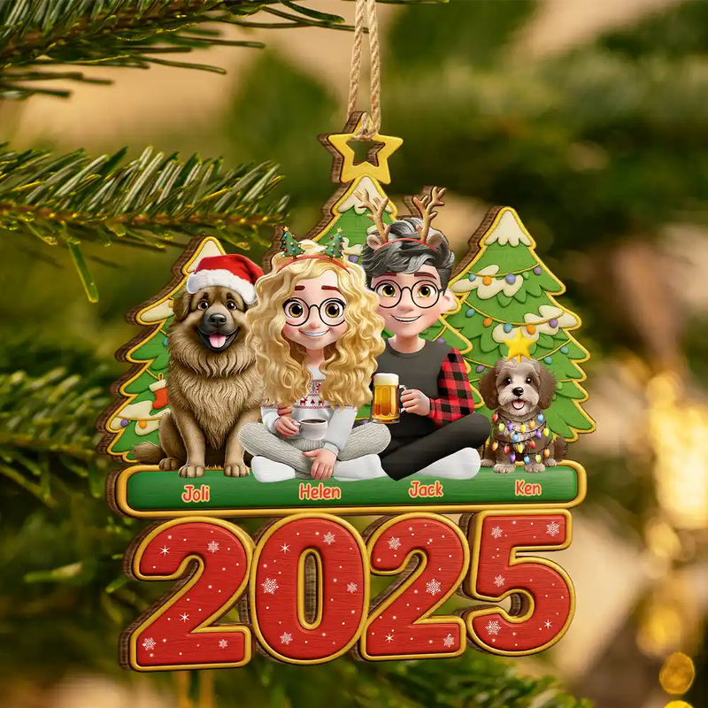 Christmas,Gift For Couples,Dog Couple,Happy,Dog Lovers - 3D Effect Couple Sitting With Dogs - Personalized Custom Shaped Wooden Ornament