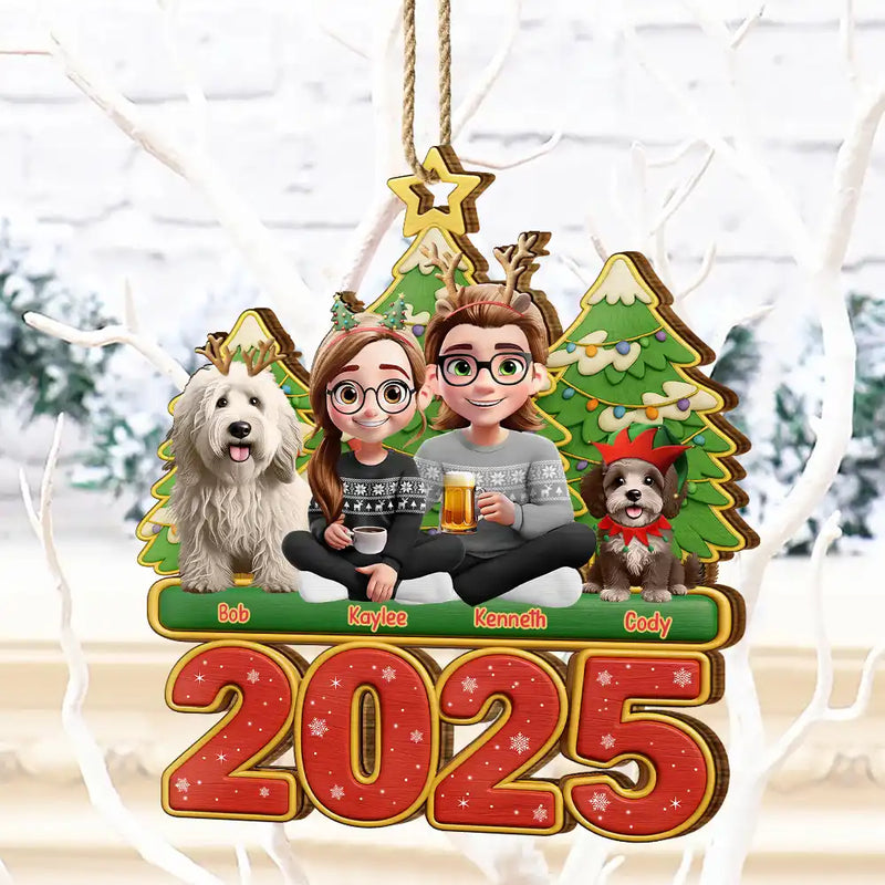 Christmas,Gift For Couples,Dog Couple,Happy,Dog Lovers - 3D Effect Couple Sitting With Dogs - Personalized Custom Shaped Wooden Ornament