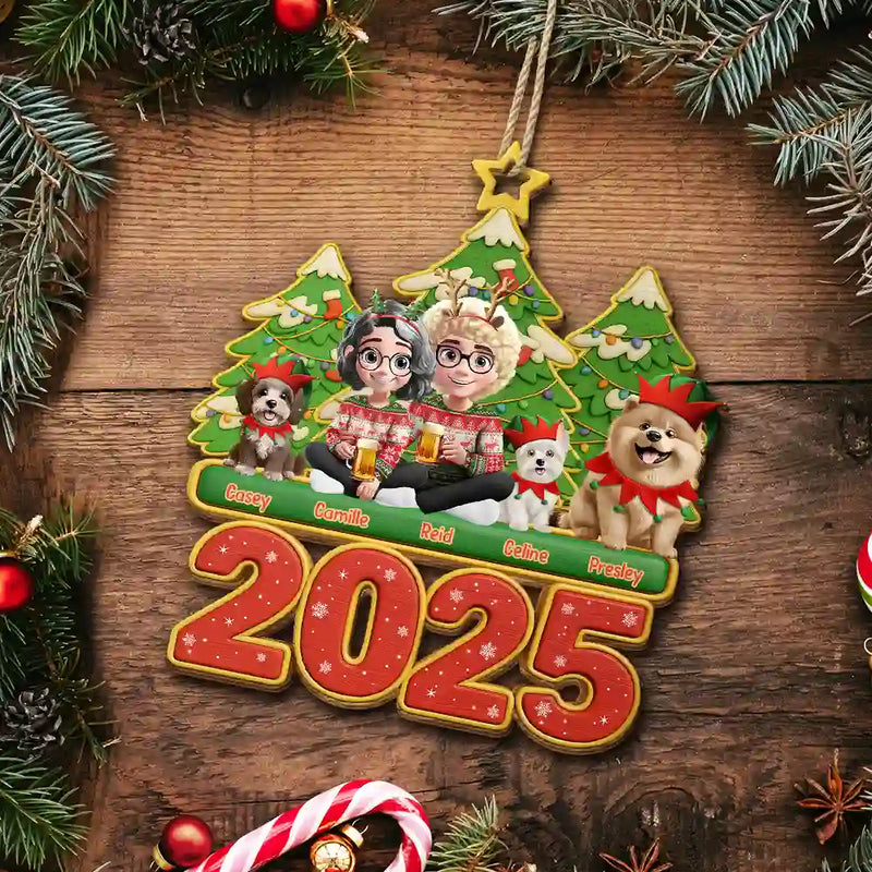 Christmas,Gift For Couples,Dog Couple,Happy,Dog Lovers - 3D Effect Couple Sitting With Dogs - Personalized Custom Shaped Wooden Ornament