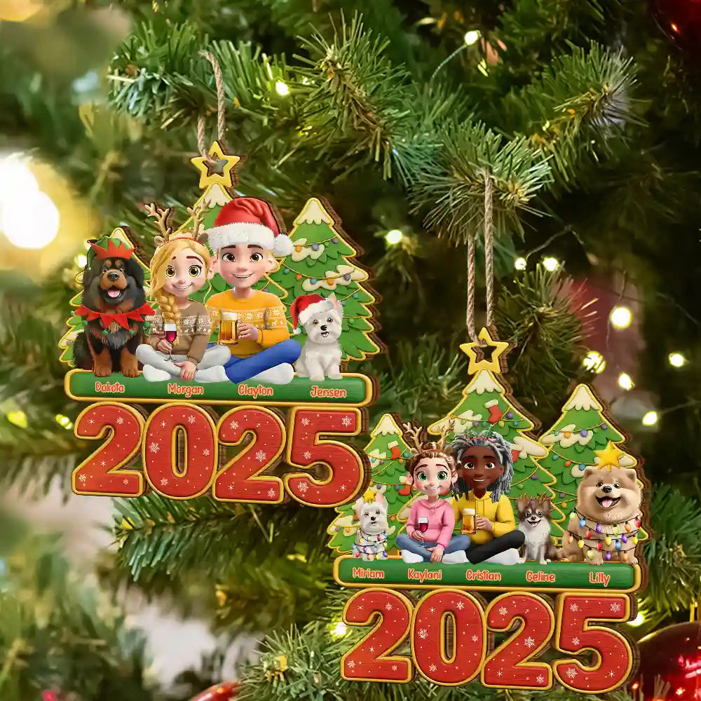 Christmas,Gift For Couples,Dog Couple,Happy,Dog Lovers - 3D Effect Couple Sitting With Dogs - Personalized Custom Shaped Wooden Ornament