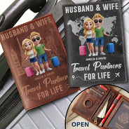 Gift For Couples,Gift For Husband,Gift For Wife,Old Couples,Gift For Boyfriend,Gift For Girlfriend,Happy,Travel - 3D Effect Couple Travel Partners For Life - Personalized Combo 2 Leather Passport Holders