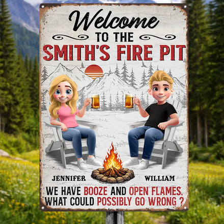 3D Effect Couple Welcome To Our Fire Pit - Personalized Classic Metal Signs