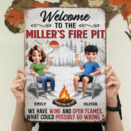 Old Couples,Gift For Husband,Gift For Wife,Gift For Boyfriend,Gift For Girlfriend,Camping,Campsite,Happy - 3D Effect Couple Welcome To Our Fire Pit - Personalized Classic Metal Signs