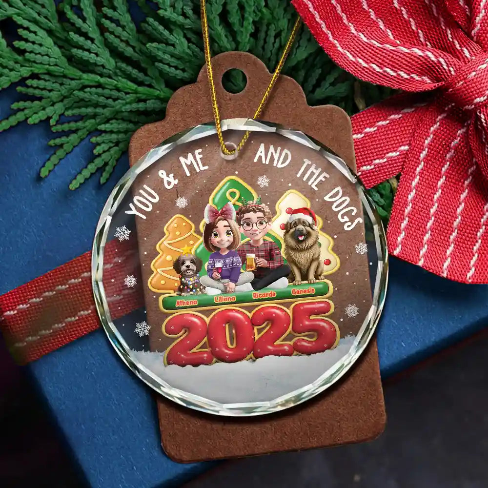 Christmas, Gift For Couples, Dog Couple, Happy, Dog Lovers - 3D Effect Couple You And Me And The Dogs - Personalized Circle Glass Ornament