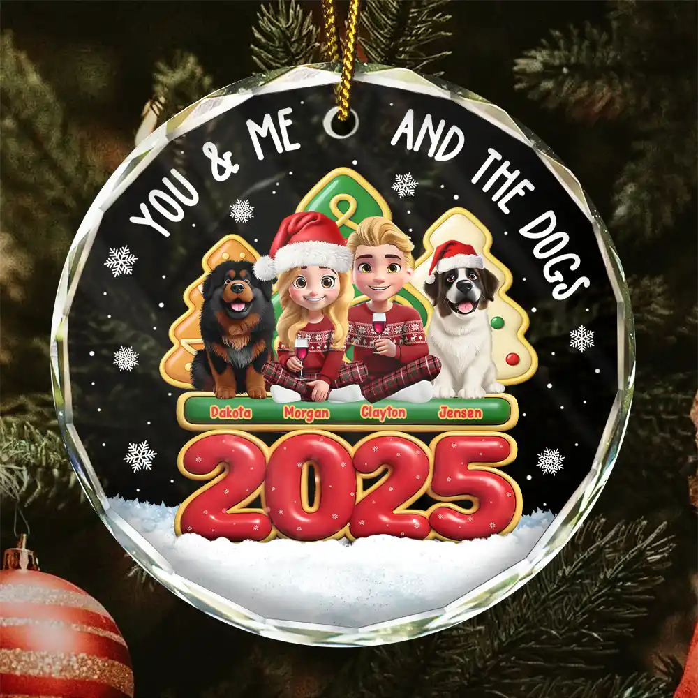 3D Effect Couple You And Me And The Dogs - Personalized Circle Glass Ornament