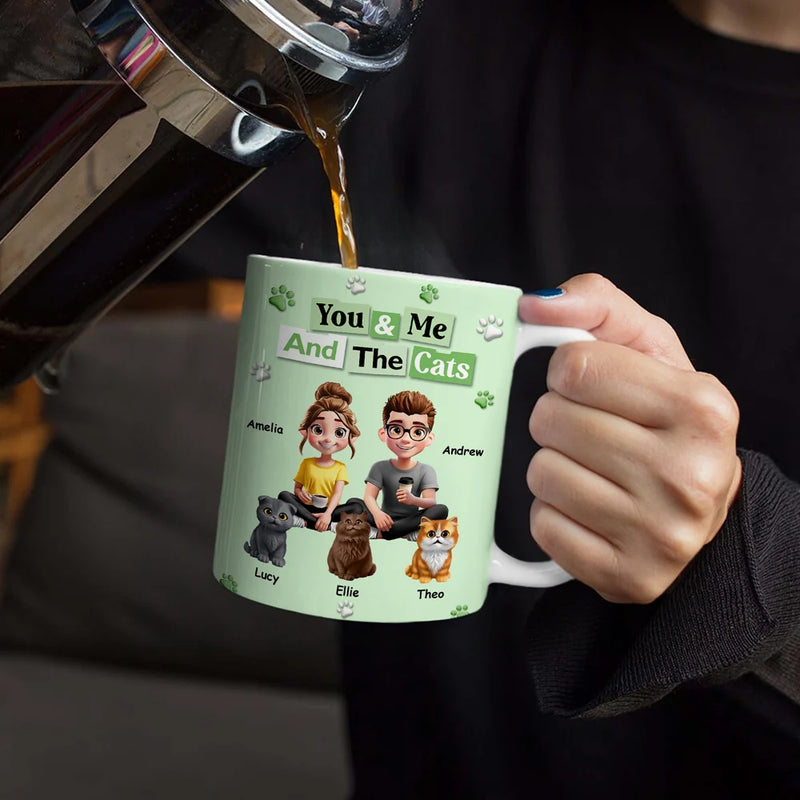 Pet Couple,Pet Lovers,Pet Mom,Pet Dad,Dog Lovers,Dog Mom,Dog Dad,Dog Couple,Cat Lovers,Cat Mom,Cat Dad,Cat Couple,Gift For Couples,Happy - 3D Effect Couple You & Me And The Dogs Cats - Personalized White Edge-to-Edge Mug