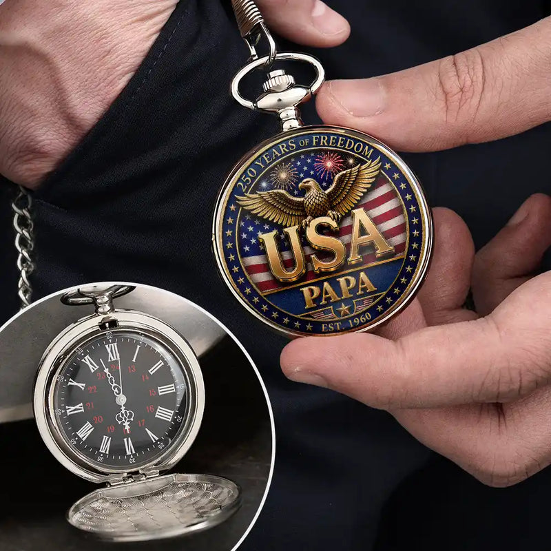Gift For Father,Gift For Grandpa,Gift For Men,Independence Day,Happy,America 250th - 3D Effect Dad Grandpa 250 Years Of Freedom - Personalized Pocket Watch