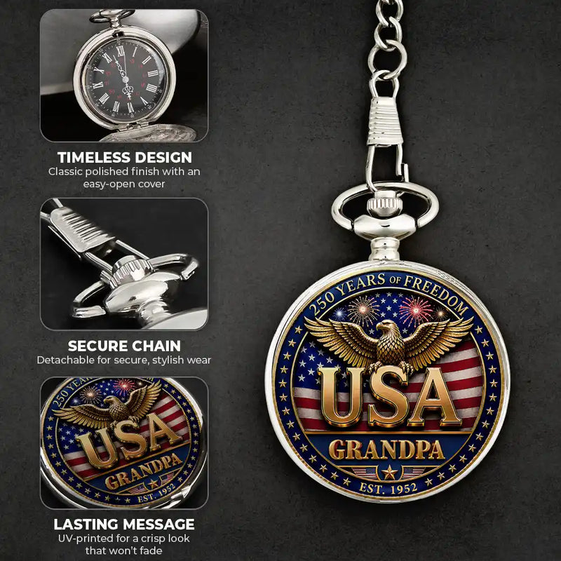Gift For Father,Gift For Grandpa,Gift For Men,Independence Day,Happy,America 250th - 3D Effect Dad Grandpa 250 Years Of Freedom - Personalized Pocket Watch