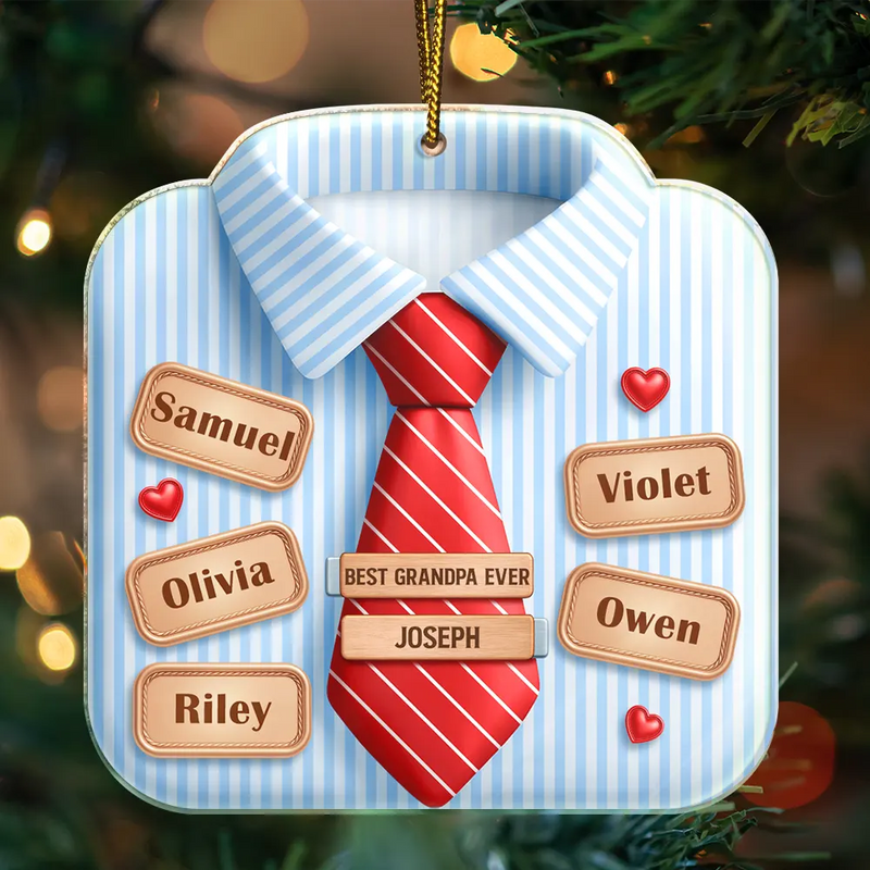Gift For Father, Gift For Grandpa, Love, Christmas - 3D Effect Dad Grandpa Shirt With Tie - Personalized Custom Shaped Acrylic Ornament
