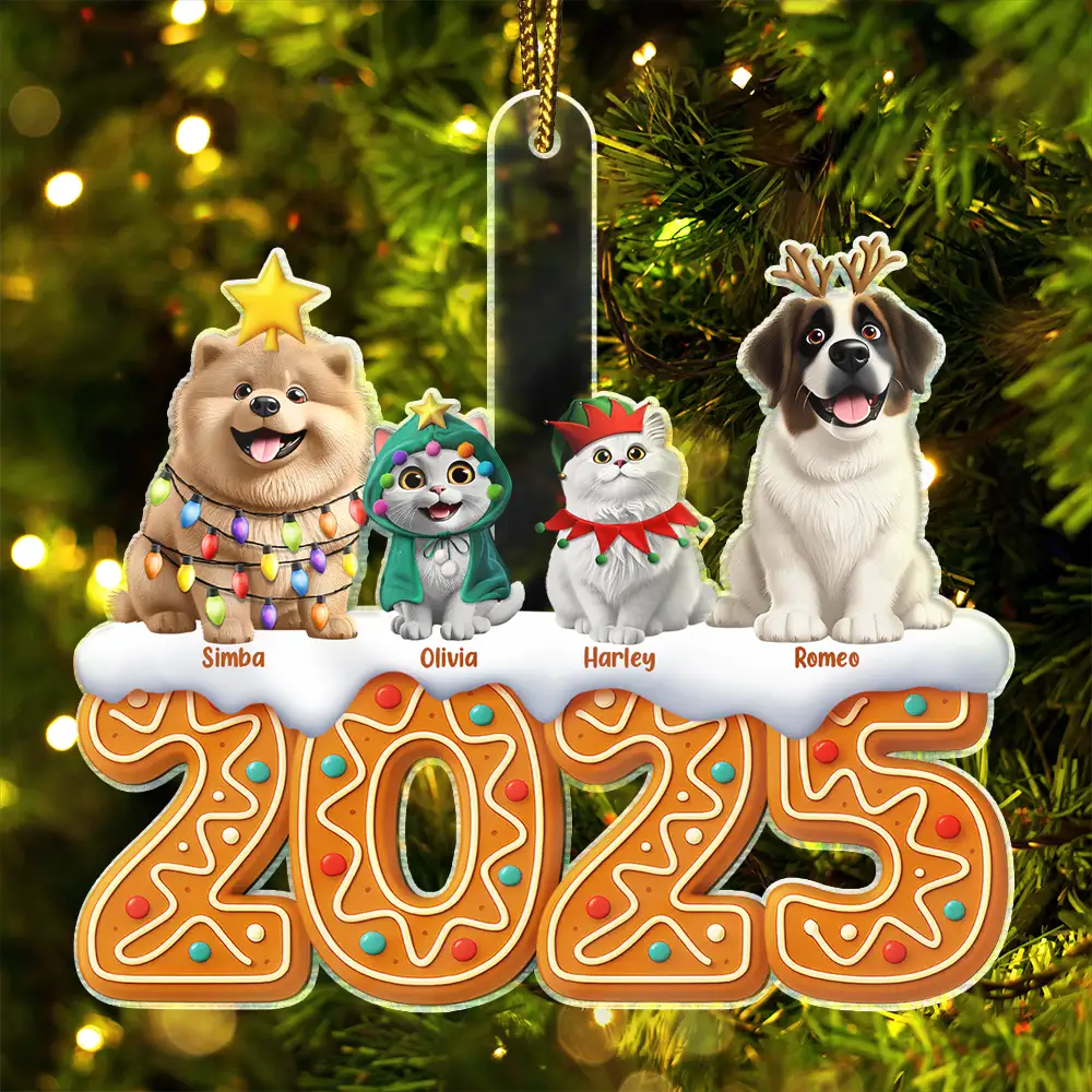 Pet Lovers,Pet Mom,Pet Dad,Pet Couple,Cat Lovers,Cat Mom,Cat Couple,Cat Dad,Dog Lovers,Dog Mom,Dog Dad,Dog Couple,Gift For Women,Gift For Men,Gift For Husband,Gift For Wife,Gift For Boyfriend,Gift For Girlfriend,Gift For Yourself,Happy,Christmas - 3D Effect Dog Cat Christmas Gingerbread - Personalized Custom Shaped Acrylic Ornament
