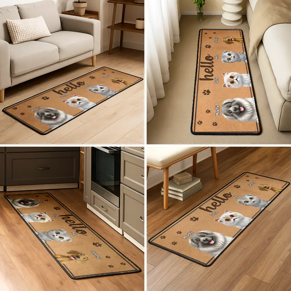 Pet Lovers,Pet Mom,Pet Dad,Pet Couple,Cat Lovers,Cat Mom,Cat Dad,Cat Couple,Dog Lovers,Dog Mom,Dog Dad,Dog Couple,Happy,Top Market - 3D Effect Dog Cat Hello Welcome To Our Home - Personalized Runner Rug