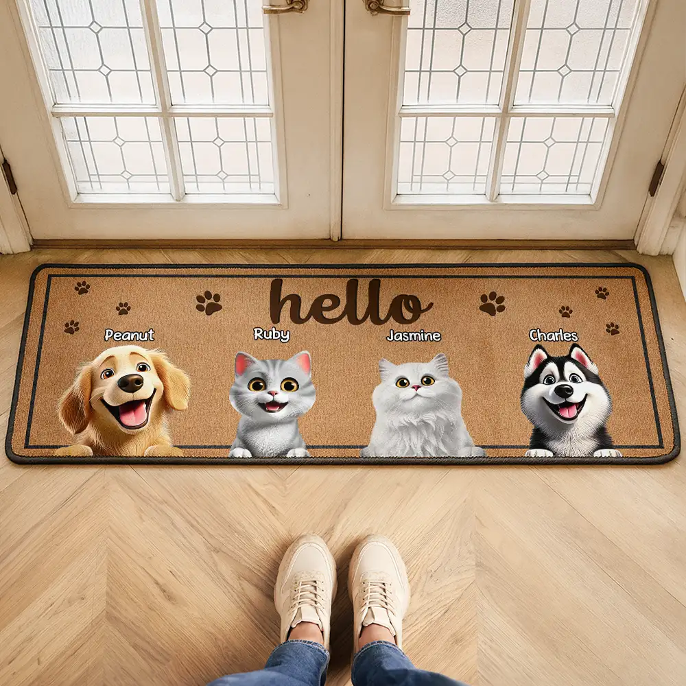 Pet Lovers,Pet Mom,Pet Dad,Pet Couple,Cat Lovers,Cat Mom,Cat Dad,Cat Couple,Dog Lovers,Dog Mom,Dog Dad,Dog Couple,Happy,Top Market - 3D Effect Dog Cat Hello Welcome To Our Home - Personalized Runner Rug